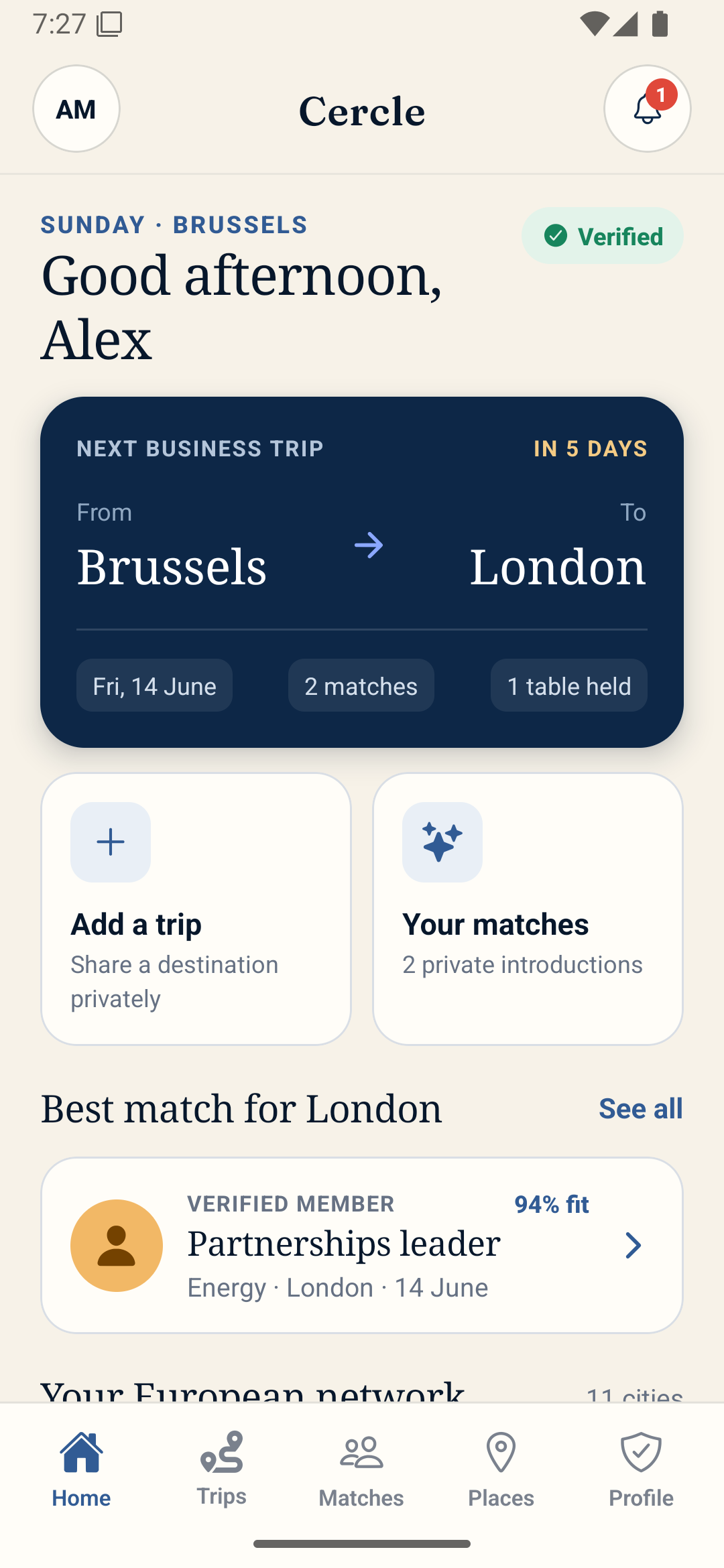 Cercle home screen with next trip and best match