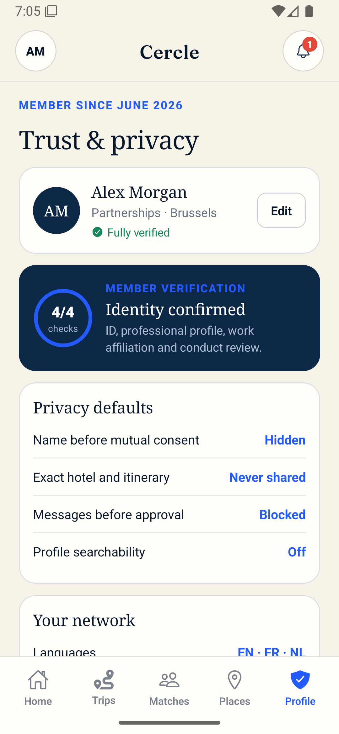 Cercle privacy onboarding with verified members and mutually approved profile sharing