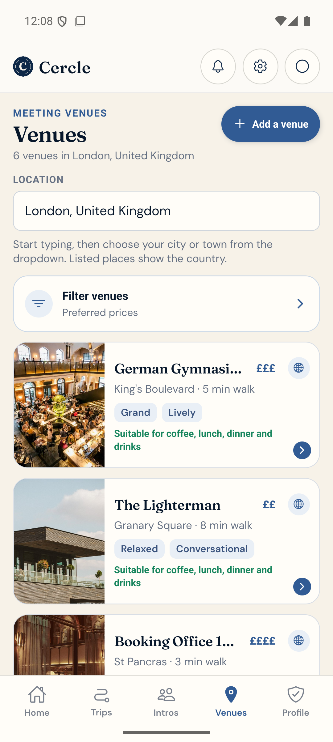 Cercle venue overview showing six available places in London