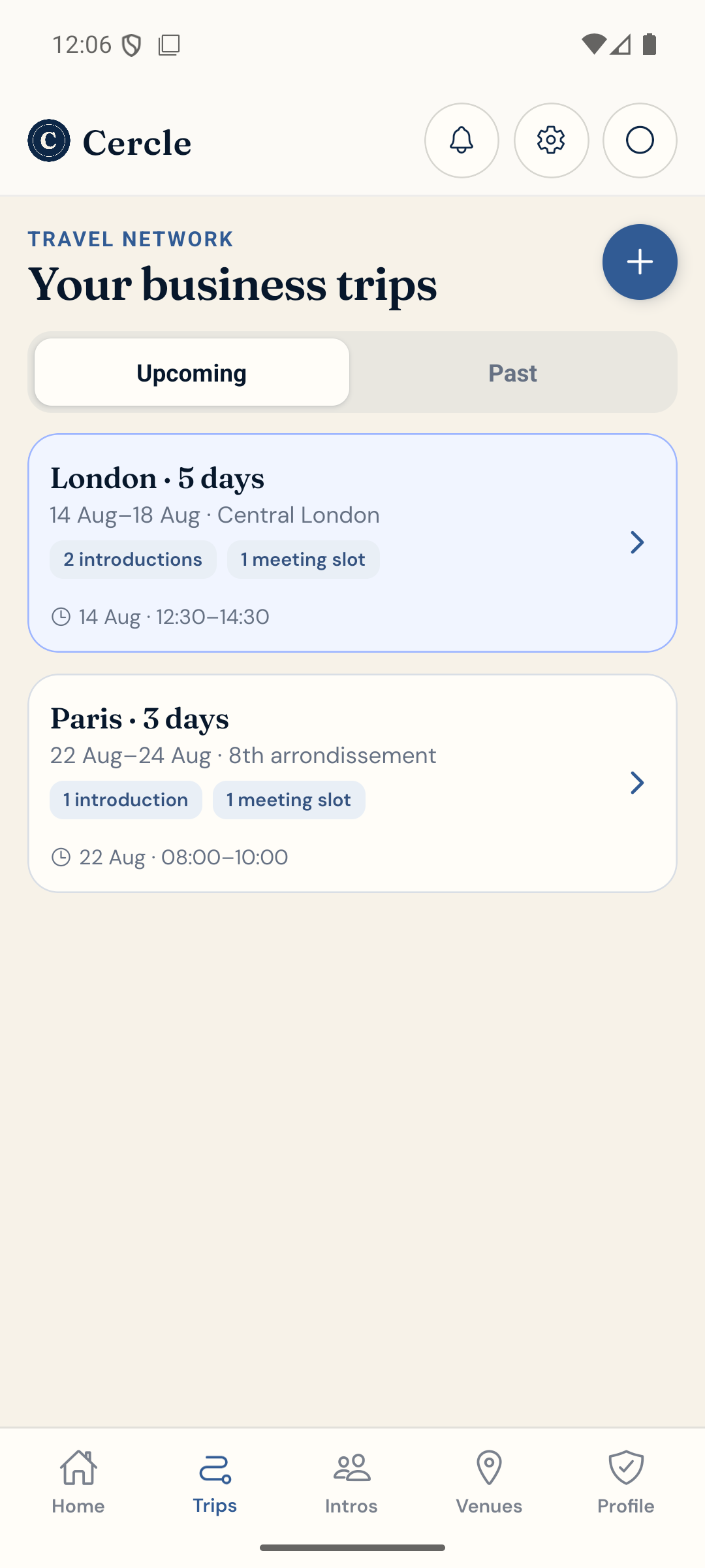 Cercle trips overview with planned meeting slots